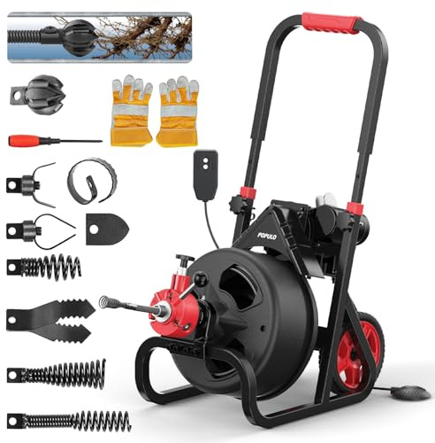 POPULO Drain Cleaner Machine 100Ft x 3/8 Inch, Auto feed Sewer Snake Auger on Wheels, Electric Drain Auger Professional for 1.5 to 3 Inch Pipes & Foot Switch with 8 Cutters