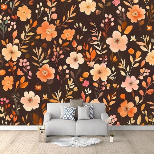 WTD - Carta da parati fotografica effetto 3D, stile country, acquerello, motivo floreale, 200 x 140 cm (larghezza x altezza), carta da parati, colore marrone scuro, decorazione da parete per soggiorno