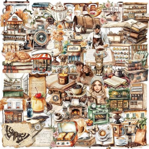 Coffee Stickers,Cartoon Graffiti Stickers,50Pcs Vintage Vinyl Waterproof Decals for Kids Teens,Transparent PET for Phone Laptop Water Bottles Skateboard Computer Phone Luggage Guitar Car Gifts