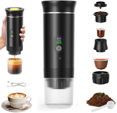 VHV - Cafetera portátil 3 en 1, recargable portátil de viaje, 12 V espresso Machine a Cafe para cápsula, café molido, para camping, viajes, oficina, coche, casa (negro)