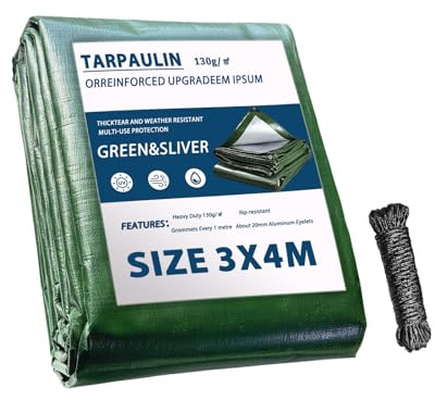Dellna Waterproof Tarpaulin 3m x 4m-130 GSM, Ground Sheets with Aluminum Eyelets & Rope, Groundsheet Weatherproof & UV Protection for Camping, Outdoor Furniture, Pool, Car