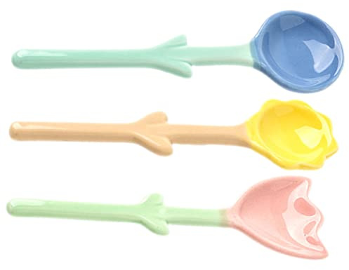 UTHCLO Cucchiaio Da Zuppa in Ceramica Decorativo a Forma Di Fiore, Cucchiaio Da Cena Piccolo Manico Lungo, Set Da 3 Pezzi Per Uso Domestico e Dolciaria