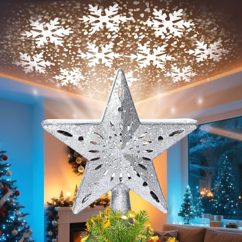 Qoosea Puntale per Albero di Natale Rotante Fiocco di Neve Brillantinato 3D con 6 Modalità Luce LED Variabili, Stella Invernale Scintillante per Cima Albero di Natale per Decorazioni per Feste