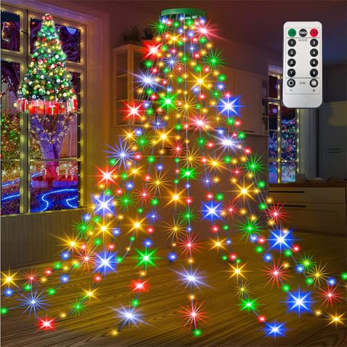 Bizcasa Guirnalda luminosa para árbol de Navidad, 200 LED, 1,5 m, 10 guirnaldas, 8 modos, Iluminación del árbol con anillo para fiesta de Navidad Boda Fiesta de cumpleaños (Colores)