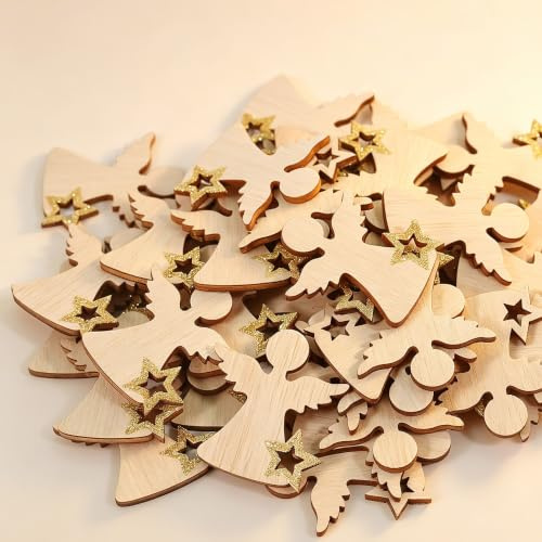 HERZWILD 48pcs Holz Engel zum Basteln Streudeko kleine schutzengel aus Holz Deko Konfetti Engel Tischdeko Glücksbringer, Tischdeko (beige gold)