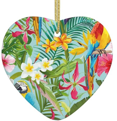 Tropical Plants And Parrots Christmas Ceramic Heart Ornament,Double-Sided Printed White Porcelain Hanging Decoration With Gold String For Xmas Tree,Home,Shop,Holiday Decor
