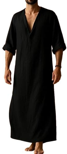 YAOHUOLE Thobe for Men Cotton Linen V Neck Long Sleeve Robe with Pockets Full Length Kaftan