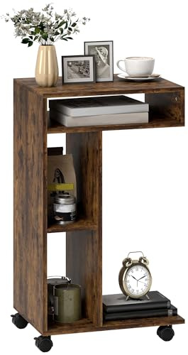 HOMCOM Beistelltisch C-Form 4 Regale Rollen 40 x 30 x 69 cm Rustikal-Braun | Schmaler Nachttisch, Couchtisch, Wohnzimmertisch, Laptoptisch, für Wohnzimmer Schlafzimmer