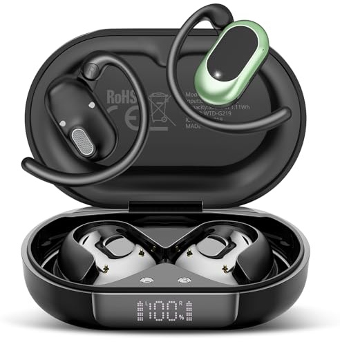 STECEi Open Ear Ecouteurs Bluetooth sans Fil, Écouteurs Bluetooth 5.4 Ouverts avec Écran LED, 36H HiFi Stéréo, Oreillette Sport avec 4 Mic, IP7 Étanche Casque Sport pour Running/Gym, Vert