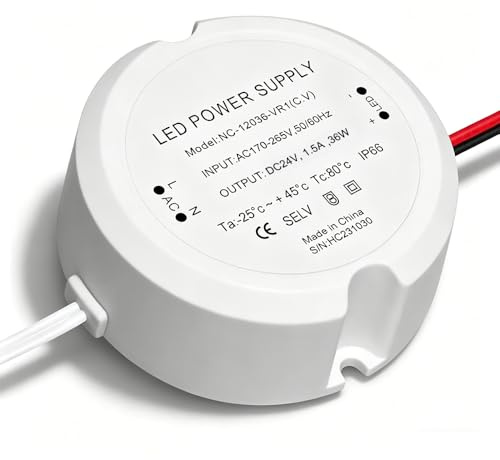 LED Trafo 24V 36W 1.5A, Afenau IP66 Trafo 230V auf 24Vs, Rund LED Netzteil 24Vs, Kein LED-Flimmern, Rauschfreier LED Transformator 24V für Unterputzdosen