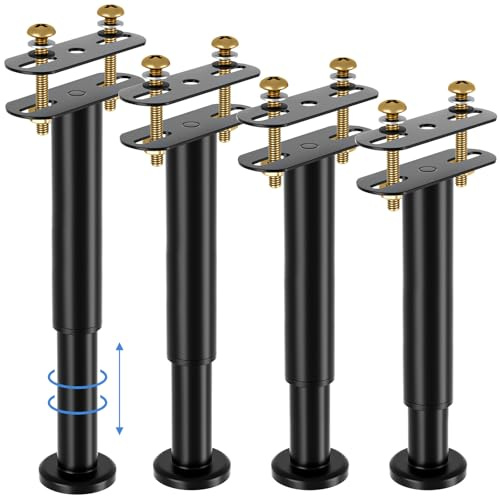 AMOJA Lot de 4 Pieds de Lit Réglables18-33cm, Acier Renforcé 450kg | Pieds de Remplacement,Base Caoutchouc Antidérapante,Compatible Cadre Lit King/Queen & Sommier à Lamelles,Montage sans Perçage