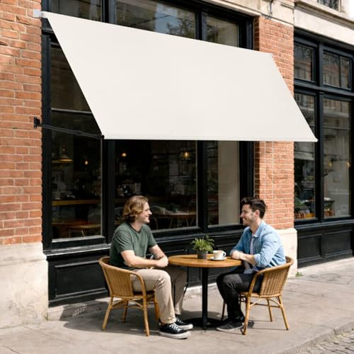 Jayseuw Fallarmmarkise Markise einziehbar 150x150cm, Stützarm 70-120cm verstellbar, 2m Perlenkette, Wandmontage, Sonnenschutz & Windschutz für Balkon Terrasse Garten, Beige