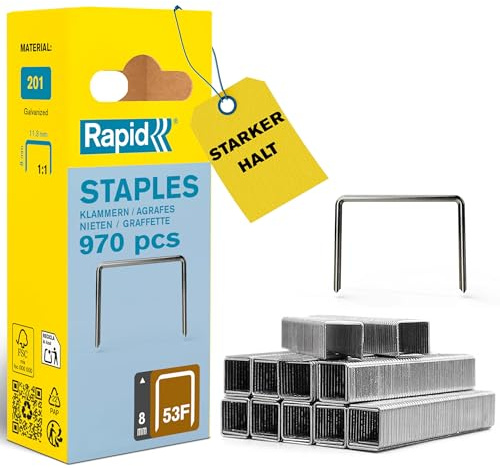 Rapid Tackerklammern Typ 53F, 8 mm, 970 Stk. Flachdrahtklammern | Kompatibel mit Novus Tackern; galvanisierter Stahl; präziser Anschnitt; für Holz & Isolierungen; 8 mm Länge