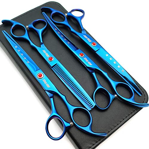 KINGSTAR 7.0in Titanium Blue Professional Pet Grooming Scissors Set,Straight & Thinning & Curved Scissors 4pcs Set for Dog Grooming,(Blue)