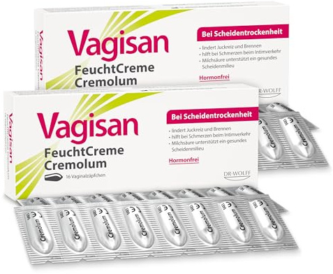 Vagisan FeuchtCreme Cremolum - 2 x 16 St. | hormonfreie Zäpfchen gegen Scheidentrockenheit | lindert Brennen, Jucken, und Schmerzen bedingt durch eine trockene Scheide