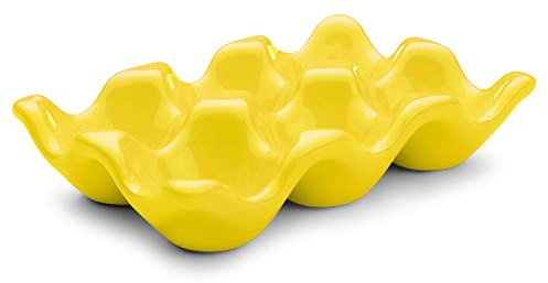 Flexzion Ceramic Egg Holder for Fridge - 6 Cups Egg Tray Half Dozen Porcelain Container Keeper Storage Organizer Decorative Serving Dish Serveware for Refrigerator Countertop Display Kitchen (Yellow)