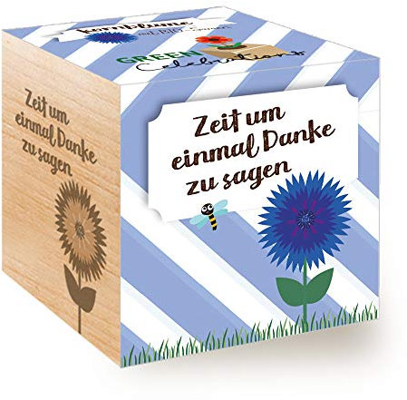 Feel Green 296695 Celebrations Ecocube, Kornblume Bio Samen, Holzwürfel Mit Lasergravur «Zeit Um Einmal Danke Zu Sagen», Nachhaltige Geschenkidee, Anzuchtset, Made in Austria