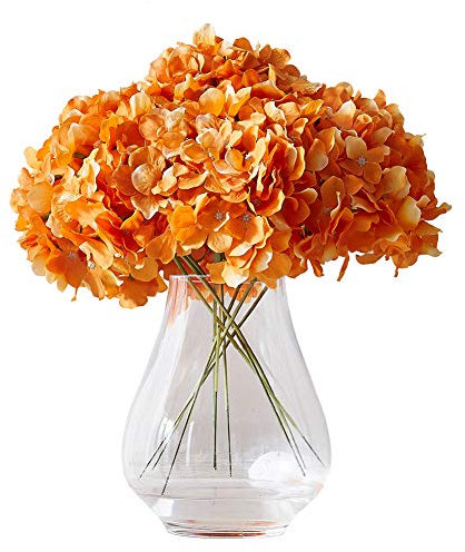 KISLOHUM - 10 cabezales de hortensia artificial de seda de color naranja para centros de mesa de bodas, ramos, decoración floral DIY, decoración del hogar, con tallos largos