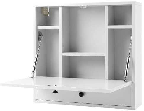 COSTWAY Wall-Mounted Drop-Leaf Table, Space Saving Laptop Computer Desk Workstation, Folding Hanging Table Cabinet with Storage Drawer and Shelves, 60x15x57cm (White)