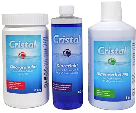 Cristal Wasserpflege Set 2,5 kg - Chlorgranulat schnell löslich - Algenverhütung - Klareffekt Trübungsentferner - Pflegebroschüre - Pool Whirlpool