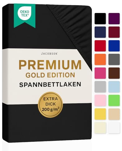 Jacobson Premium Spannbettlaken 200 g/m² Jersey Baumwolle mit Elasthan (90x200-100x200 cm, Schwarz)