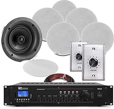 Power Dynamics 2-Zone Commercial Audio System - Bluetooth Amplifier & 6x 6.5 Ceiling Speakers Kit, Multi Zone Background Music Solution for Offices, Restaurants & Shops, 240W PA System
