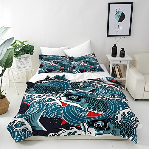 ANHOPE Japanese Duvet Cover Set Soft Comforter Cover Wave Fish Carp Print Pattern 3 Piece Bedding Set with Pillowcase All Season Decorative Quilt Cover with Zipper for Kids Adults Single Size