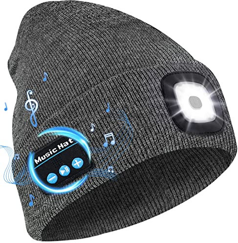 Deilin Bluetooth Beanie Hut mit Licht, Unisex USB wiederaufladbare 4 LED Headlamp Cap mit Kopfhörer, Geschenke für Männer Frauen Teen（A Grau）