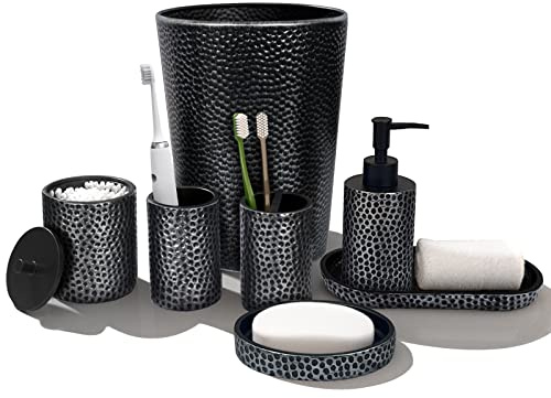 Badezimmer Zubehör Set, LKKL 7-teilig Bad Set mit Mülleimer Seifenspender Seifenschale Zahnputzbecher Zahnbürstenhalter Qtip Halter Badezimmer Tablett Modern Bad Accessoires Komplettset, Silber