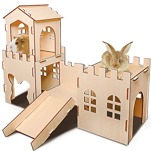 NICERINC PET Extra großes hölzernes Kaninchenschloss Versteck Tunnel und Bett Kleintierversteck Hütte solide sichere Konstruktion Spielversteck Hütte für Kaninchen Meerschweinchen Chinchilla
