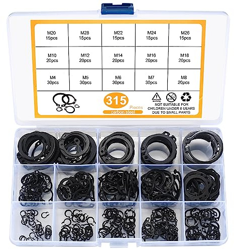 Set 315 Pezzi Anelli di Sicurezza, Assortimento di Seeger ad Anello Elastico, Fermagli E-Clip Interni, 4-28 mm Fermagli C-Clip Esterni per Alberi Scanalati - Nero (Nero)