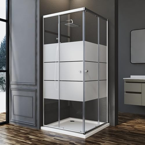 Eckeinstieg Duschkabine 75 x 75 cm Schiebetür Streifen Duschabtrennung, Goezes Duschschiebetür Gestreift Glas Dusche 75x75 cm Duschkabine aus 6mm ESG Sicherheitsglas, Duschwand Höhe: 185cm