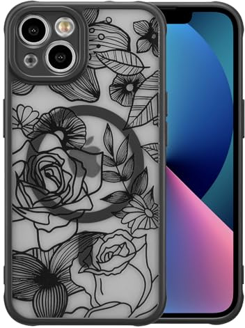 XIZYO Rose Blume Magnetisch Hülle für iPhone 14 Plus, Schwarz | Niedlich Ästhetisch Rose Floral Muster, Luxus Vintage Mädchen Stil, Matt Transluzent, Schlanke Dünne, Stoßfest Anti-Gelb