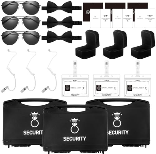 Mepase 24-teiliges Ring-Sicherheitsset, Ringträgerbox, Kinder-Sonnenbrille, Fliege, Sicherheits-Ohrstück, Ausweishalter mit Ausweis, Aufgabenkarte, Hochzeitskoffer für Agenten Antragsgeschenk,
