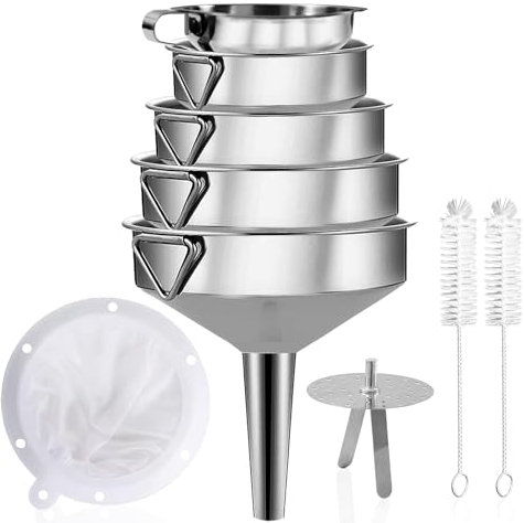 Gucass Juego de 9 Embudos de Acero Inoxidable Con Mango, Colador y Filtro de Malla 200, Cepillo de Limpieza, Set Embudo de Cocina Para Mermelada, Especias y Líquidos - 5.7/8/10/12/14 cm