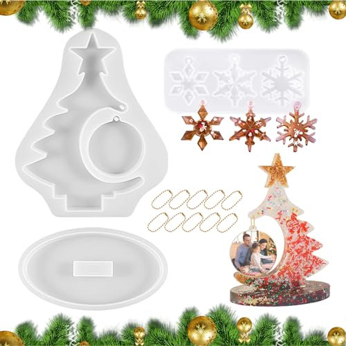 4 Pieces Epoxy Resin Moulds Decoration, Christmas Resin Silicone Mould, Picture Frame, Snowflakes Casting Mould, Christmas Tree Photo Frame with Pendant, Casting Resin Moulds for DIY, Birthday Gift,