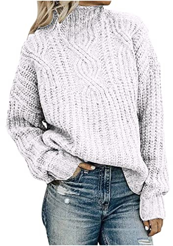 tsaChick Winterpullover Damen Frauen lose solide Farbe Lange Ärmel O-Neck Pullover Top Stricken Pulli Grobstrickpullover Langarm Oberteile Rollkragenpullover Damen Oversize S-5XL