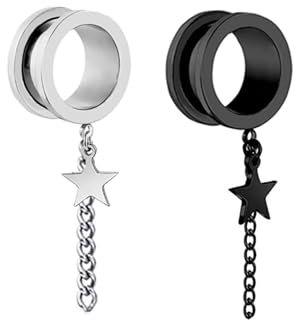 KnBoB 2 Stück Ohr Flesh Tunnel 6MM Edelstahl Rund mit Kette und Stern Anhänger Ear Tunnel Piercing Damen und Herren