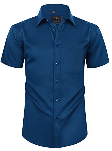 siliteelon Mens Shirts Short Sleeve Stretch Dress Regular Fit Casual Business Summer Shirt with Pocket Navy Blue L