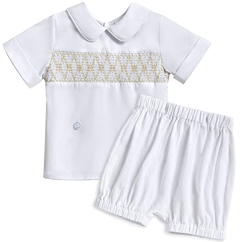 Booulfi Baby Boy Smocked Outfit 2pc Back Button Baptism 2-3T
