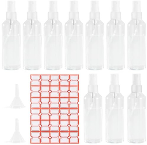 10 Stück Sprühflasche Klein 100ML, Zerstäuber Sprühflaschen Leer mit 2 Trichter & Etikette, Zerstäuber Sprayflasche Pumpflasche Leer, Plastik Parfumzerstäuber - Für Flugreisen oder Outdoor Sportarten