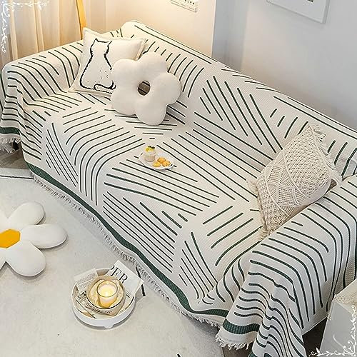 Bishilin Sofaüberwurf rutschfest, Sofabezug 4 Sitzer Nordisch Grün Gestreift mit Quasten 180x480CM Couchbezug Eckcouch Universal