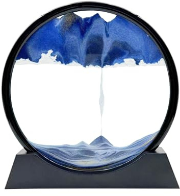 AzureLeap Peinture de Sable Mobile Cadre Sablier Art de Sable en Mouvement Sable Dynamique dans un Verre Rond Paysage 3D pour Bureau et Décoration Maison (Bleu, 12 Pouces)