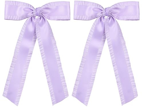 5.5 Light Purple Ruffle Ribbon Hair Bow Clips for Girls Big Silky Satin Bow-knot Alligator Barrettes with Long Tail, Handmade Ponytail Holder Accessories for Women Girls Thick Thin Hair