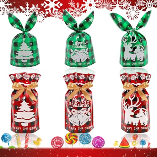 YeahBoom 100 Stücke Weihnachten Geschenkbeutel - 6 Design Geschenktüten, Hasen Ohren Candy Tüten, Cookie Beutel, Partytüten, Treat Tasche