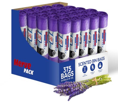 35L Bin Bags Lavender (375 Counts) Scented Bin Liners with Drawstrings for Home Kitchen Bathroom Bin Bags Makes your Bin Smelling Fresh Pedal Bin Liners | Merve Pack
