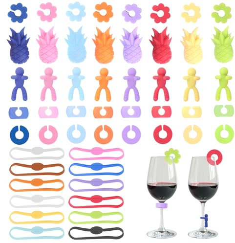 52Stks Silikon Weinglas Marker, Bunte Party Empfangs Glasmarkierer, Trinkglas Charm Markierung, Trinkglas Kennzeichnungsetiketten, Wiederverwendbare Charm Weinglasring für Champagner Bier Cocktail