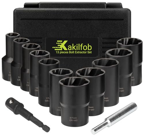 KAKILFOB Lug Nut Extractor Twist Socket Set, 13 Pieces Wheel Lock Removal Kit, for Removing Damaged, Frozen, Rusted, Nuts & Screws, Cr-Mo Steel