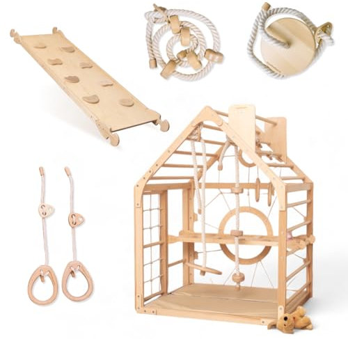 WoodandHearts Indoor Spielturm mit Rutsche & Schaukel – Kinderrutsche, Turnringe & Kletterseil – Baby Schaukel Indoor – Kletterwand Kinderzimmer & Spielhaus für Zuhause