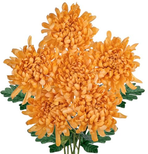 Briful 6'' Large Heads Chrysanthemums Artificial Flowers-Fall Decor, 6PCS 26'' Brown Autumn Silk Mums Fake Flowers Bouquet for Home Decor Wedding Farmhouse Table Centerpiece